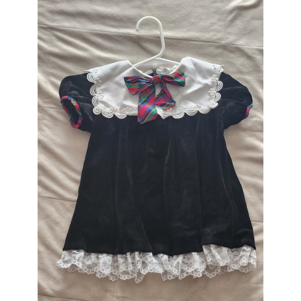 Vintage black velour girls' dress with plaid & lace trim Pretty as a Picture 18m